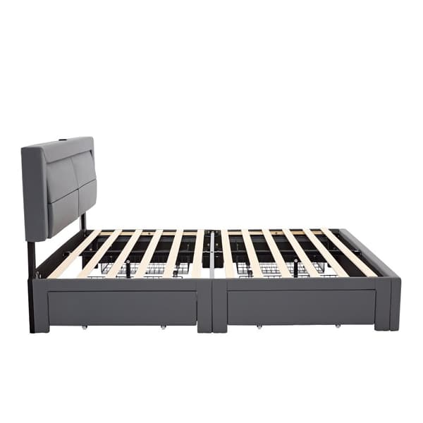 Valaistu capitonné 140 x 190 cm USB-portilla, LED-valaistus ja säilytystila, ilman patjaa, Harmaa PU-litsi