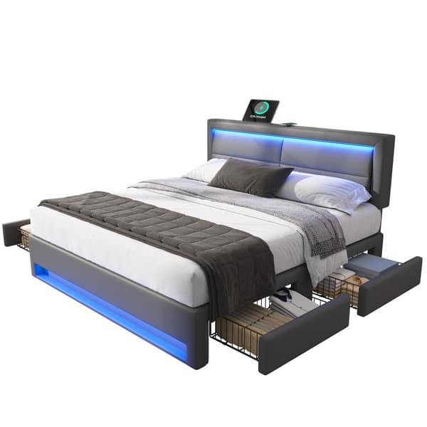 Valaistu capitonné 140 x 190 cm USB-portilla, LED-valaistus ja säilytystila, ilman patjaa, Harmaa PU-litsi