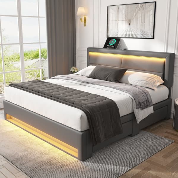 Valaistu capitonné 140 x 190 cm USB-portilla, LED-valaistus ja säilytystila, ilman patjaa, Harmaa PU-litsi