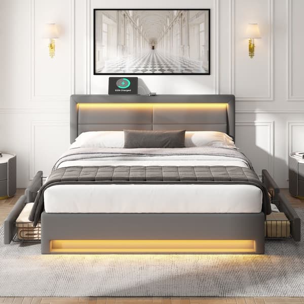 Valaistu capitonné 140 x 190 cm USB-portilla, LED-valaistus ja säilytystila, ilman patjaa, Harmaa PU-litsi