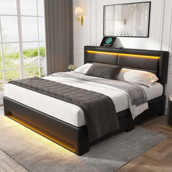 Polstringsbit 140 x 200 cm med USB-port, LED-belysning og fire opbevaringsbokse, uden madras, sort PU litchi