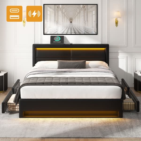 Verhoiluterä 140 x 200 cm USB-portilla, LED-valaistuksella ja neljällä säilytyslaatikolla, ilman patjaa, musta PU-litsi