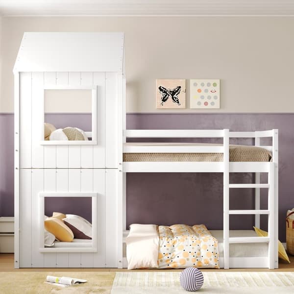 90x200 cm Etagen-kuolain, Kinder-kuolain, Haus-kuolain pojille ja tytöille, tikkailla ja katoksella, bodyef, massiivipuu, valkoinen
