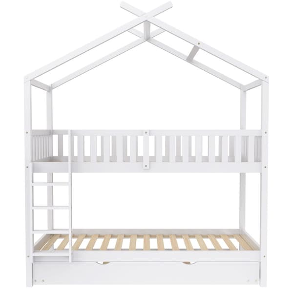 Hausbett Kinderbett Jugendbett 90x200 cm, tre senge, udtrækkelig, pladsbesparende design, Hvid