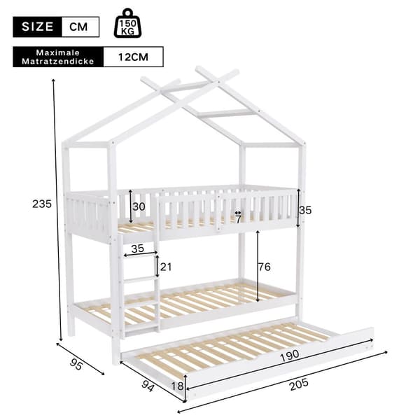 Hausbett Kinderbett Jugendbett 90x200 cm, kolme sänkyä, jatkettava, tilaa säästävä design, valkoinen
