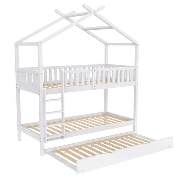 Hausbett Kinderbett Jugendbett 90x200 cm, tre senge, udtrækkelig, pladsbesparende design, Hvid