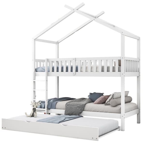 Hausbett Kinderbett Jugendbett 90x200 cm, tre senge, udtrækkelig, pladsbesparende design, Hvid