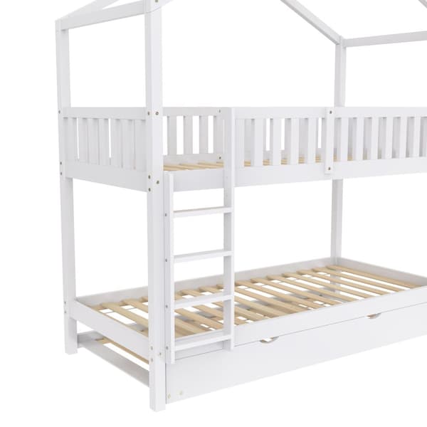 Hausbett Kinderbett Jugendbett 90x200 cm, tre senge, udtrækkelig, pladsbesparende design, Hvid