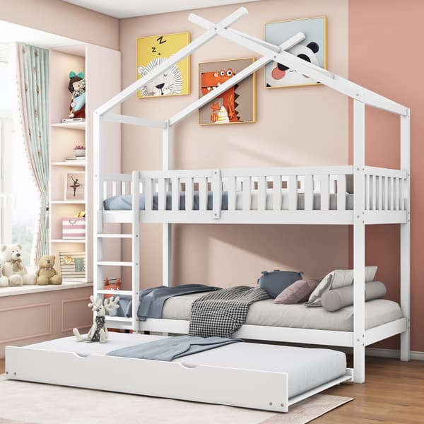 Hausbett Kinderbett Jugendbett 90x200 cm, tre senge, udtrækkelig, pladsbesparende design, Hvid