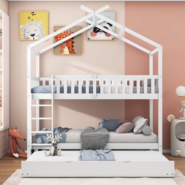 Hausbett Kinderbett Jugendbett 90x200 cm, kolme sänkyä, jatkettava, tilaa säästävä design, valkoinen