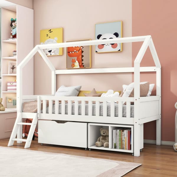Hausbett Kinderbett Jugendbett 200x90 laatikoilla ja säilytyslokeroilla, pojille ja tytöille, putoamisenestokaiteella, valkoinen