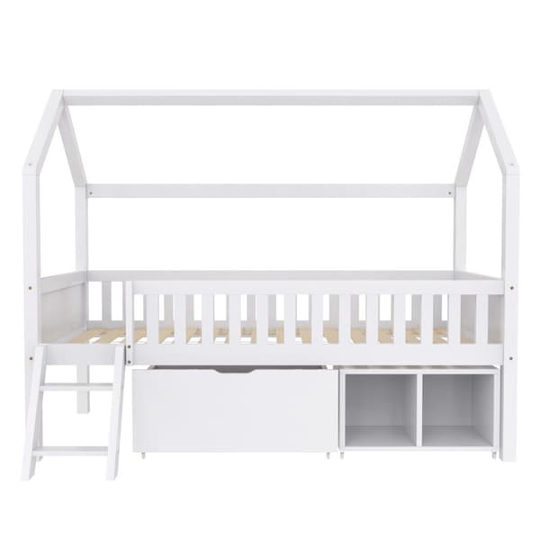 Hausbett Kinderbett Jugendbett 200x90 laatikoilla ja säilytyslokeroilla, pojille ja tytöille, putoamisenestokaiteella, valkoinen