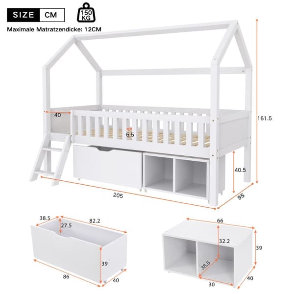 Hausbett Kinderbett Jugendbett 200x90 med skuffer og opbevaringsrum, til drenge og piger, med anti-drop gelænder, Hvid