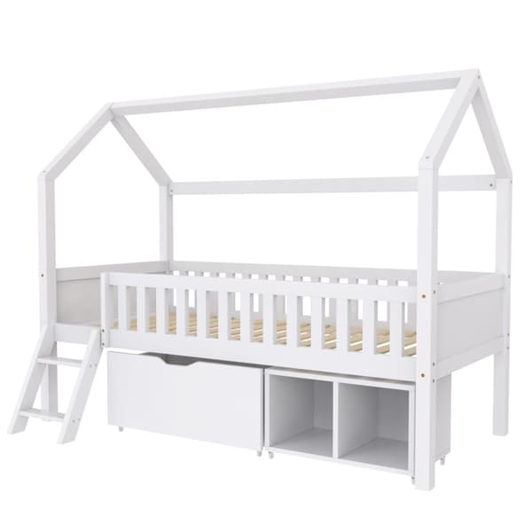 Hausbett Kinderbett Jugendbett 200x90 laatikoilla ja säilytyslokeroilla, pojille ja tytöille, putoamisenestokaiteella, valkoinen