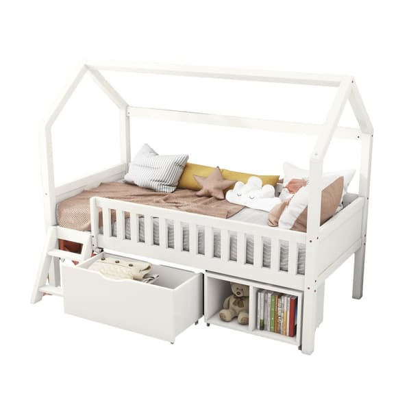 Hausbett Kinderbett Jugendbett 200x90 laatikoilla ja säilytyslokeroilla, pojille ja tytöille, putoamisenestokaiteella, valkoinen