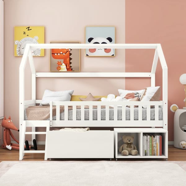 Hausbett Kinderbett Jugendbett 200x90 laatikoilla ja säilytyslokeroilla, pojille ja tytöille, putoamisenestokaiteella, valkoinen