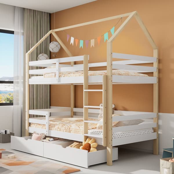 Doppelbett Kinder-kuolain kotelon muotoinen, 90 x 200 cm, isot säilytyslaatikot, Kiefernholz, ilman patjaa, valkoinen + puun väri