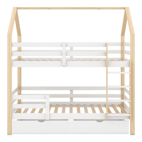 Doppelbett Kinder-kuolain kotelon muotoinen, 90 x 200 cm, isot säilytyslaatikot, Kiefernholz, ilman patjaa, valkoinen + puun väri