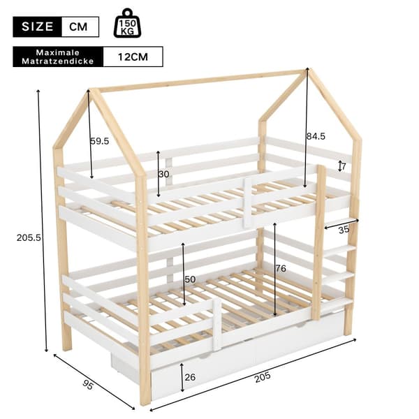 Doppelbett Kinder-kuolain kotelon muotoinen, 90 x 200 cm, isot säilytyslaatikot, Kiefernholz, ilman patjaa, valkoinen + puun väri