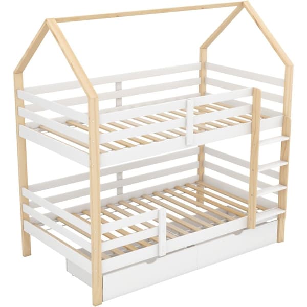 Doppelbett Kinder bid i husform, 90 x 200 cm, store opbevaringsbokse, Kiefernholz, uden madras, hvid + træfarve