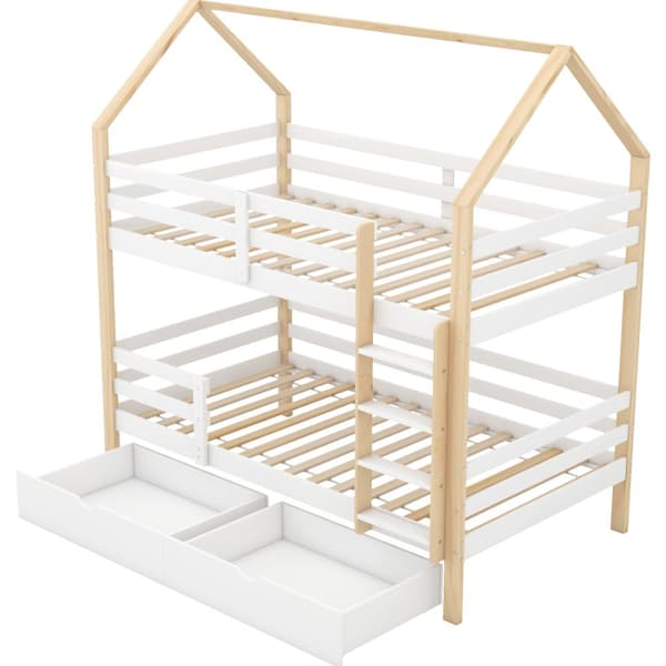 Doppelbett Kinder-kuolain kotelon muotoinen, 90 x 200 cm, isot säilytyslaatikot, Kiefernholz, ilman patjaa, valkoinen + puun väri