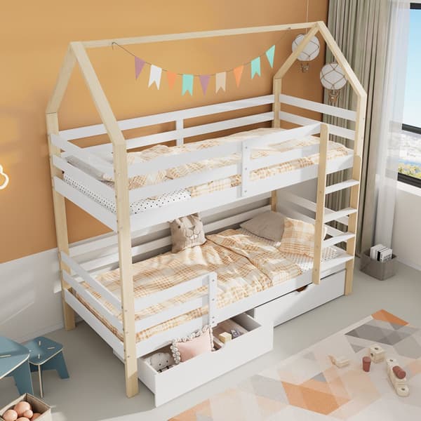 Doppelbett Kinder-kuolain kotelon muotoinen, 90 x 200 cm, isot säilytyslaatikot, Kiefernholz, ilman patjaa, valkoinen + puun väri