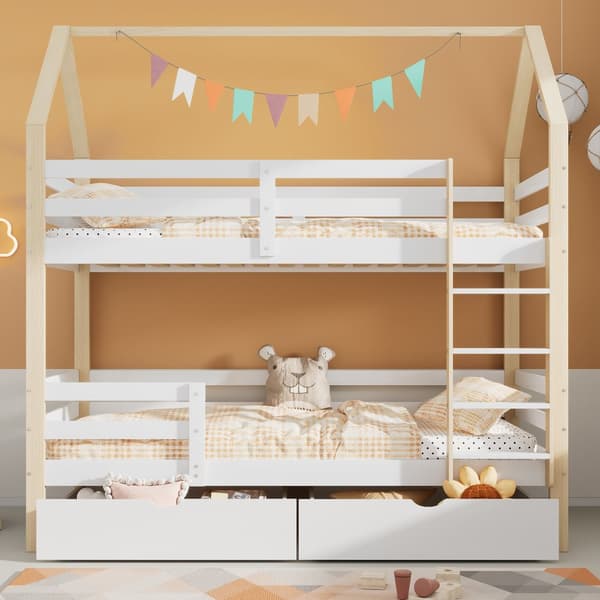 Doppelbett Kinder bid i husform, 90 x 200 cm, store opbevaringsbokse, Kiefernholz, uden madras, hvid + træfarve