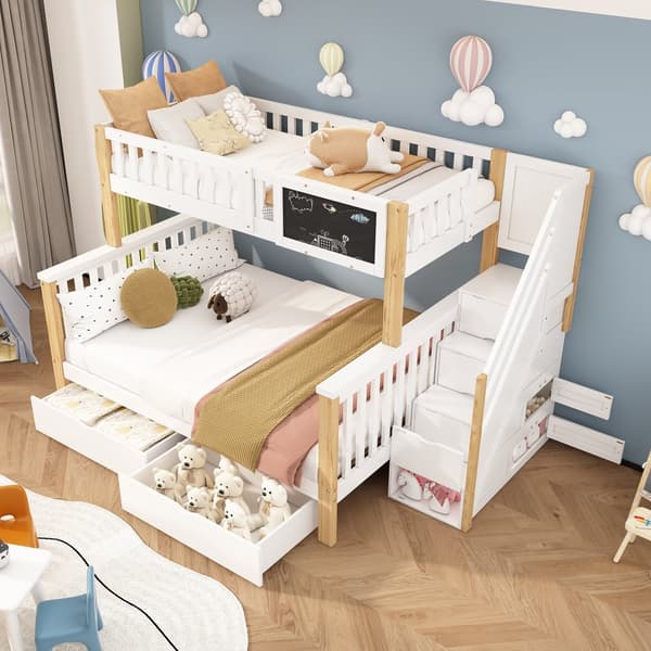 Kinder-Etagen bid, Doppelbitt, multifunktionel med Tafel og Schubladen, uden madras, hvid + lys eg, 90x200 + 140x200