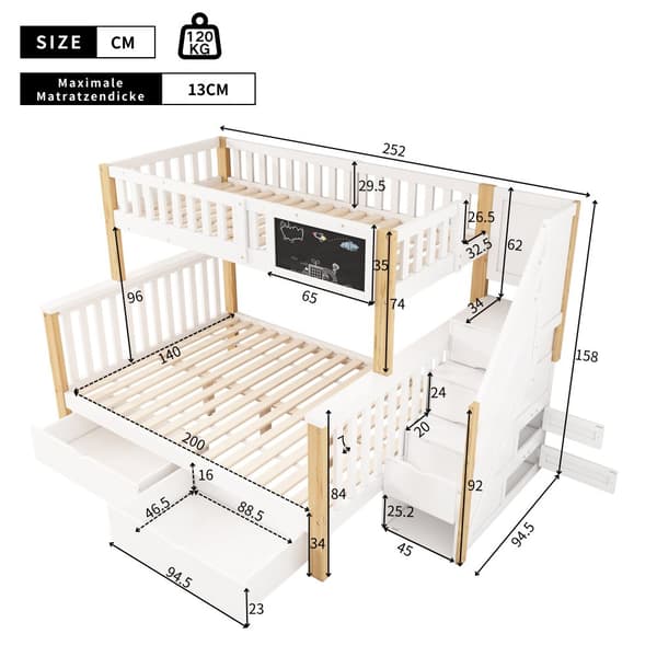 Kinder-Etagen bid, Doppelbitt, multifunktionel med Tafel og Schubladen, uden madras, hvid + lys eg, 90x200 + 140x200