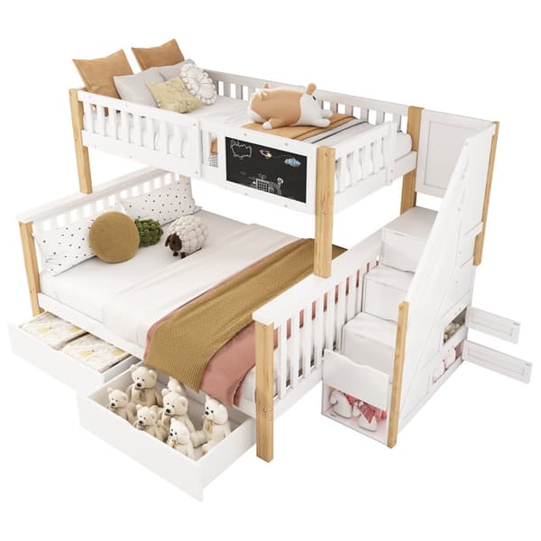 Kinder-Etagen bid, Doppelbitt, multifunktionel med Tafel og Schubladen, uden madras, hvid + lys eg, 90x200 + 140x200