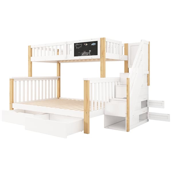 Kinder-Etagen bid, Doppelbitt, multifunktionel med Tafel og Schubladen, uden madras, hvid + lys eg, 90x200 + 140x200