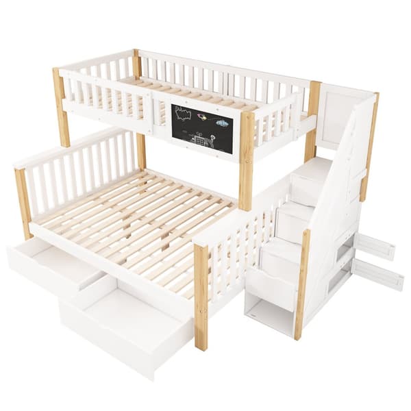 Kinder-Etagen bid, Doppelbitt, multifunktionel med Tafel og Schubladen, uden madras, hvid + lys eg, 90x200 + 140x200