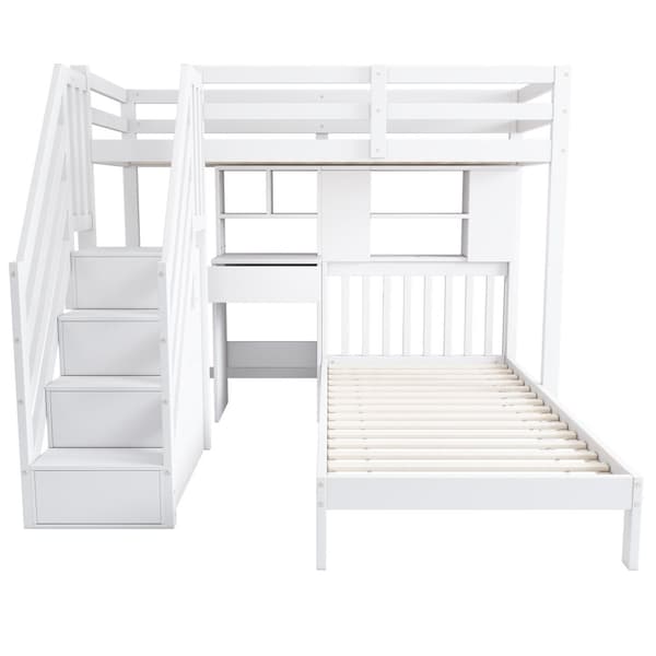 Etagen bit, Doppel bit, multifunktionel Kinder bit med Stauraum, Schreibtisch og Regale, Lys rust, hvid, 90x200