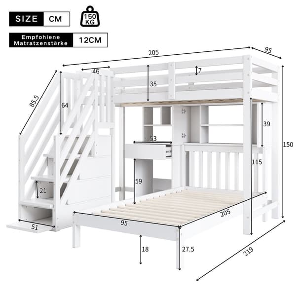 Etagen bit, Doppel bit, multifunktionel Kinder bit med Stauraum, Schreibtisch og Regale, Lys rust, hvid, 90x200