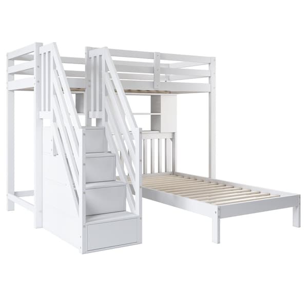 Etagen bit, Doppel bit, multifunktionel Kinder bit med Stauraum, Schreibtisch og Regale, Lys rust, hvid, 90x200