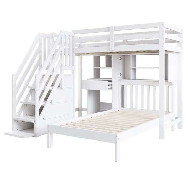Etagen bit, Doppel bit, multifunktionel Kinder bit med Stauraum, Schreibtisch og Regale, Lys rust, hvid, 90x200