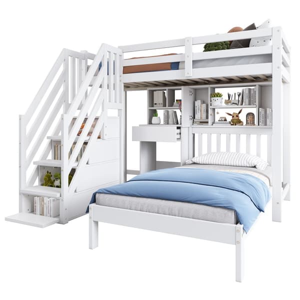 Etagen bit, Doppel bit, multifunktionel Kinder bit med Stauraum, Schreibtisch og Regale, Lys rust, hvid, 90x200