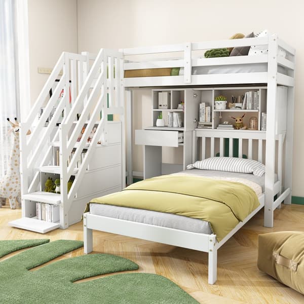 Etagen bit, Doppel bit, multifunktionel Kinder bit med Stauraum, Schreibtisch og Regale, Lys rust, hvid, 90x200