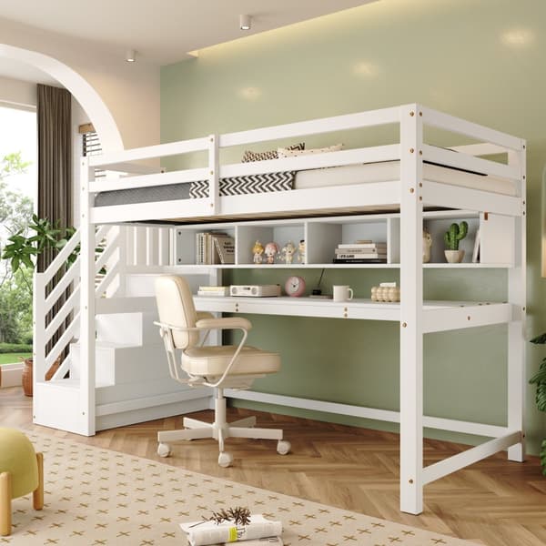 Kinderhochbit Stauraumtreppe 90x200 cm, Massiivipuu + MDF, Etagenbitt, iso työpöytä ja hyllyt, ympäristöystävälliset värit, Valkoinen