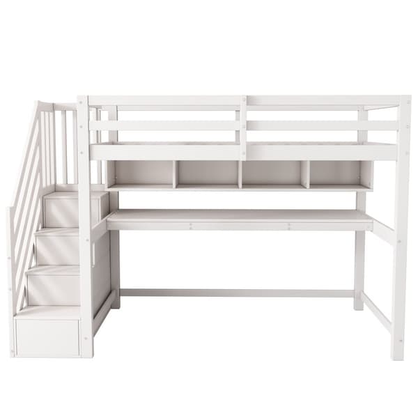 Kinderhochbit Stauraumtreppe 90x200 cm, Massiivipuu + MDF, Etagenbitt, iso työpöytä ja hyllyt, ympäristöystävälliset värit, Valkoinen