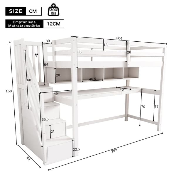Kinderhochbit Stauraumtreppe 90x200 cm, Massiivipuu + MDF, Etagenbitt, iso työpöytä ja hyllyt, ympäristöystävälliset värit, Valkoinen