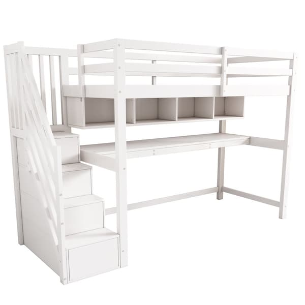 Kinderhochbit Stauraumtreppe 90x200 cm, Massiivipuu + MDF, Etagenbitt, iso työpöytä ja hyllyt, ympäristöystävälliset värit, Valkoinen