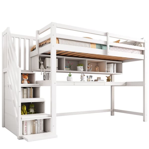 Kinderhochbit Stauraumtreppe 90x200 cm, Massiivipuu + MDF, Etagenbitt, iso työpöytä ja hyllyt, ympäristöystävälliset värit, Valkoinen