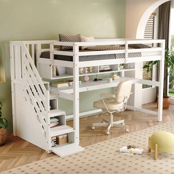Kinderhochbit Stauraumtreppe 90x200 cm, Massiivipuu + MDF, Etagenbitt, iso työpöytä ja hyllyt, ympäristöystävälliset värit, Valkoinen