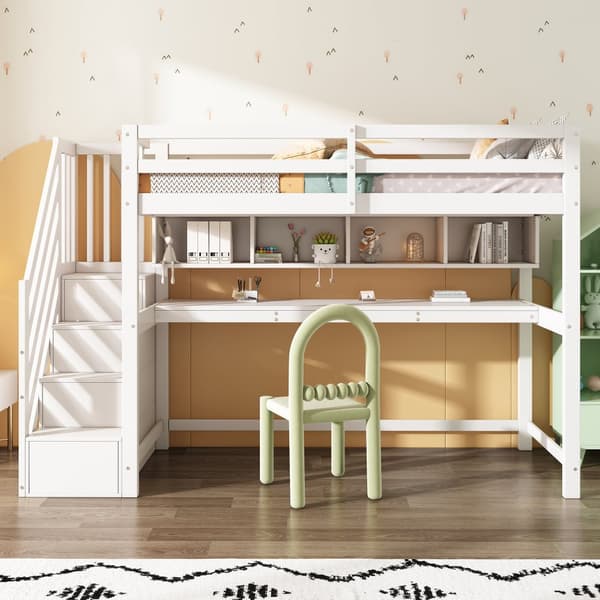 Kinderhochbit Stauraumtreppe 90x200 cm, Massiivipuu + MDF, Etagenbitt, iso työpöytä ja hyllyt, ympäristöystävälliset värit, Valkoinen