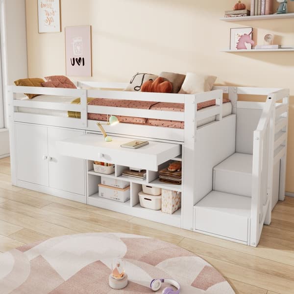 Monikäyttöinen Kinder-kuolain puusta, portaat ja säilytystilat, vaihdettavat kaapit, käännettävät laatikot työpöydäksi, 90x200, valkoinen