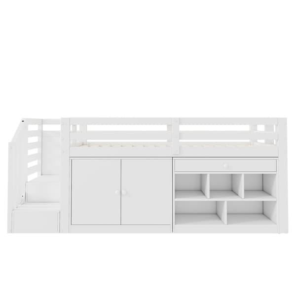 Multifunktionel Kinder bid i træ, med trappe og opbevaring, udskiftelige skabe, vendbare skuffer som skrivebord, 90x200, hvid