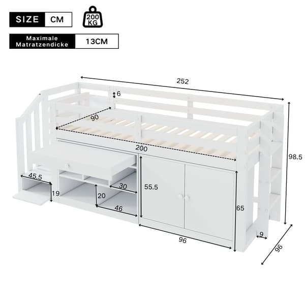 Multifunktionel Kinder bid i træ, med trappe og opbevaring, udskiftelige skabe, vendbare skuffer som skrivebord, 90x200, hvid