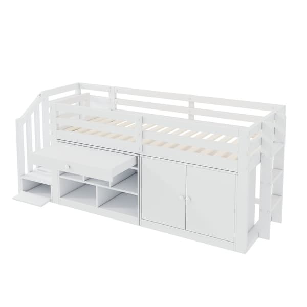 Monikäyttöinen Kinder-kuolain puusta, portaat ja säilytystilat, vaihdettavat kaapit, käännettävät laatikot työpöydäksi, 90x200, valkoinen