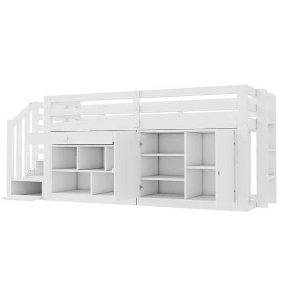 Multifunktionel Kinder bid i træ, med trappe og opbevaring, udskiftelige skabe, vendbare skuffer som skrivebord, 90x200, hvid